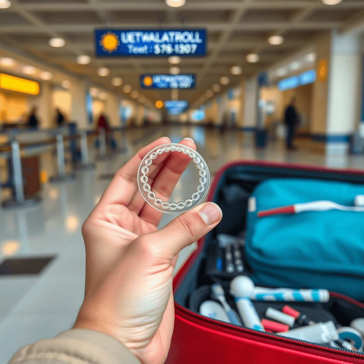Gros plan d'une main tenant un aligneur Invisalign transparent à côté d'un sac de voyage rempli d'une brosse à dents et d'articles dentaires dans un salon de départ d'aéroport.