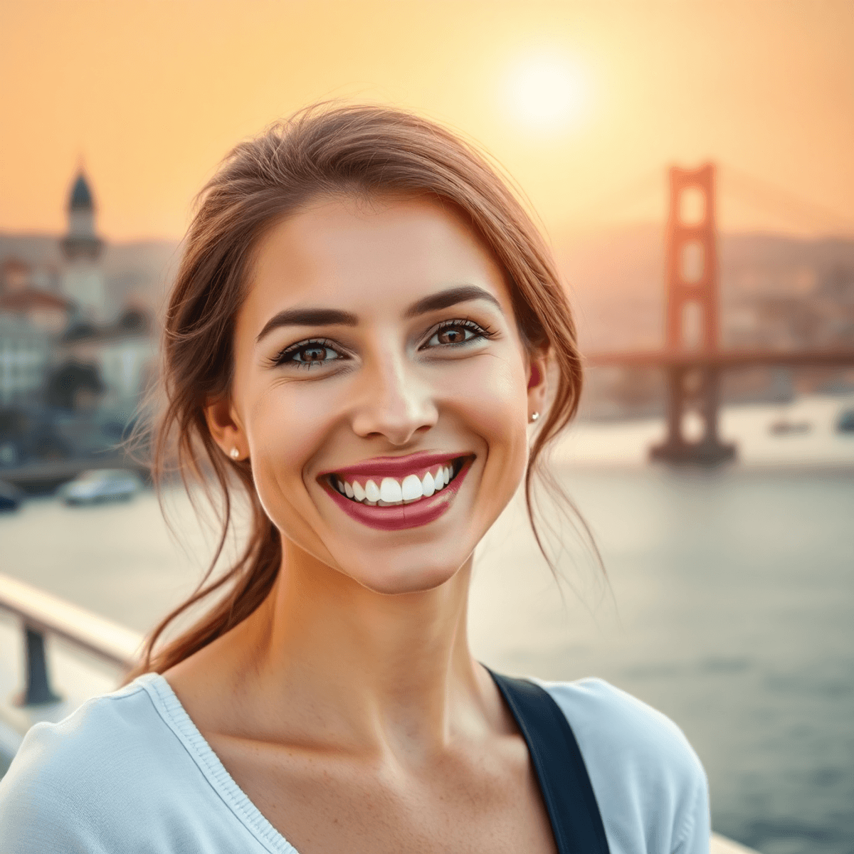 Femme souriante avec des dents parfaites devant des monuments turcs abstraits, symbolisant le tourisme dentaire et les soins de qualité à l'étranger.
